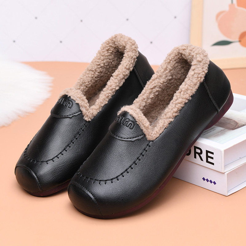 冬季新款加绒保暖皮面妈妈棉靴平底休闲毛毛鞋女外穿一脚蹬豆豆鞋,女鞋,棉鞋,淘宝优惠券,粉丝福利购,淘宝优惠卷