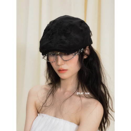 2025新款做旧破洞前进帽女春夏秋复古方圆脸显脸小鸭舌帽贝雷帽子