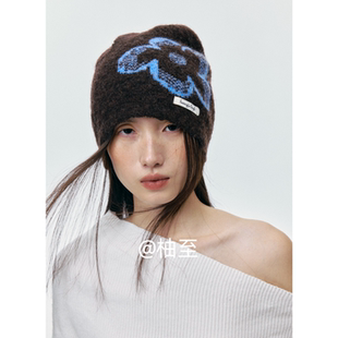 韩系时髦大花朵针织冷帽女秋冬保暖氛围感堆堆帽日系包头帽子ins