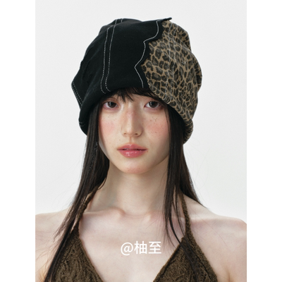 街头时髦豹纹拼贴包头帽子女春秋韩版日系百搭显脸小套头帽冷帽潮