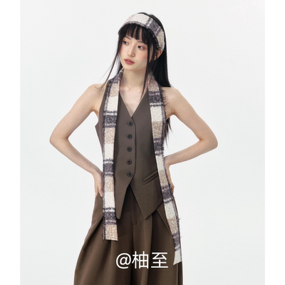 复古毛绒窄长条围巾女秋冬季韩版日系百搭时尚格纹细长围脖潮ins