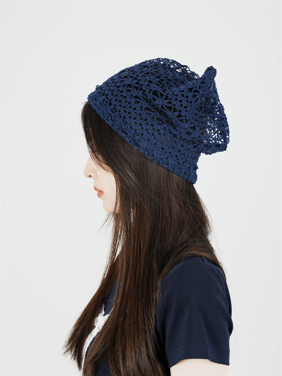 春夏新款手工钩花包头帽女复古文艺透气针织网眼编织日系套头帽潮