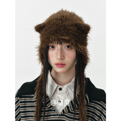 可爱猫耳朵毛绒帽子女秋冬韩版日系百搭显脸小包头帽护耳帽潮ins