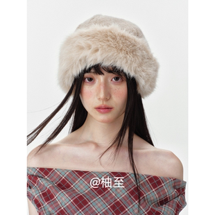 韩系ins风显脸小毛绒帽子女秋冬蒙古帽防寒保暖渔夫帽毛毛护耳帽