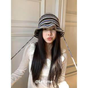 小清新森系撞色条纹钩针手工针织系带显脸小渔夫帽女凹造型盆帽春