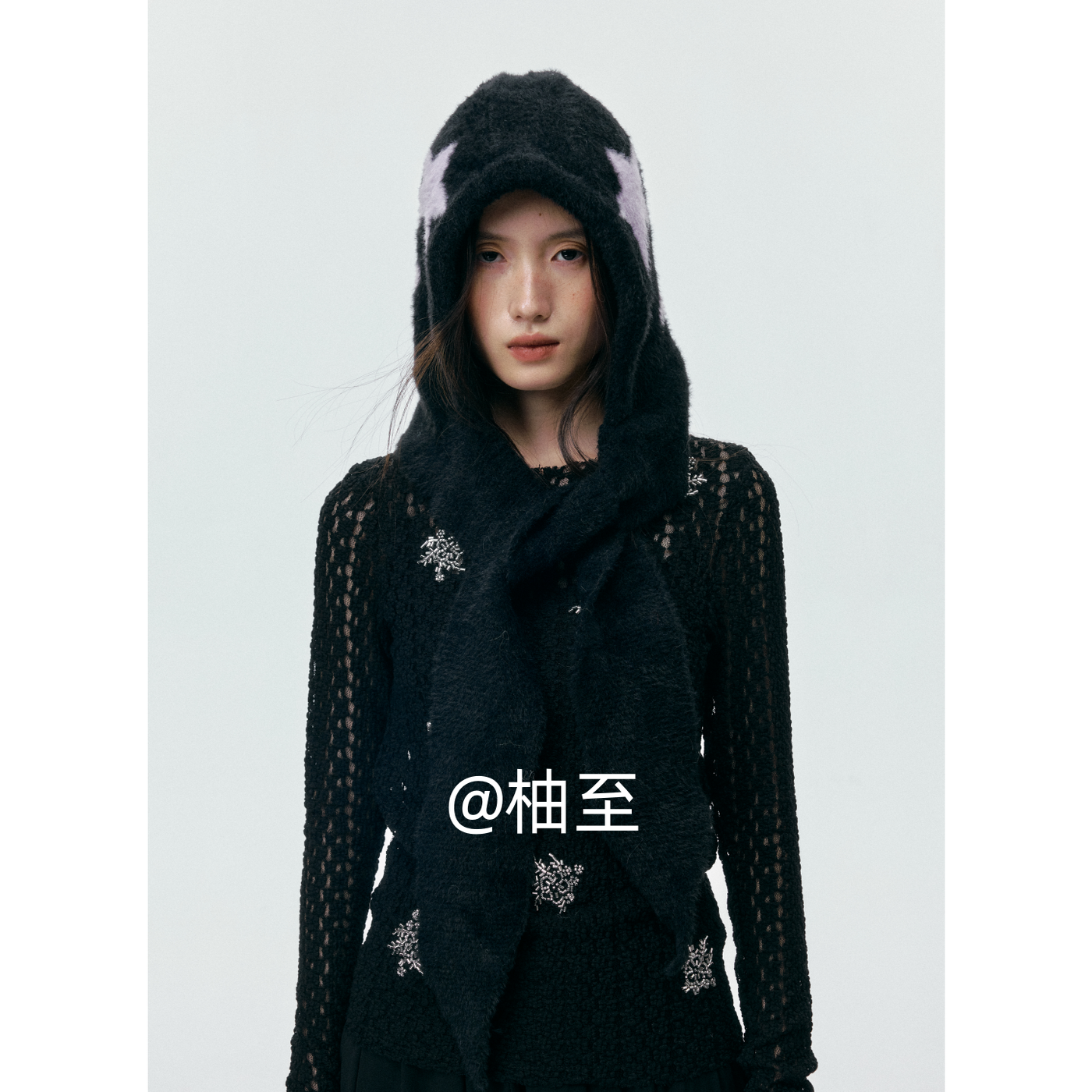 星星毛绒围脖连帽子女秋冬街头显脸小防寒保暖毛毛套头护耳帽ins