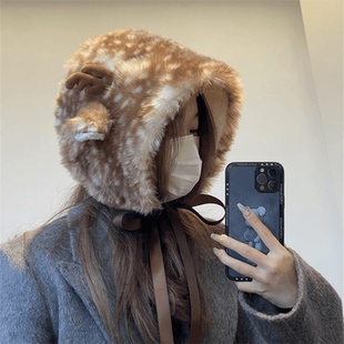 日系甜美秋冬麋鹿斑点帽保暖毛鹿角可爱护耳帽冬季 加绒雷锋帽子