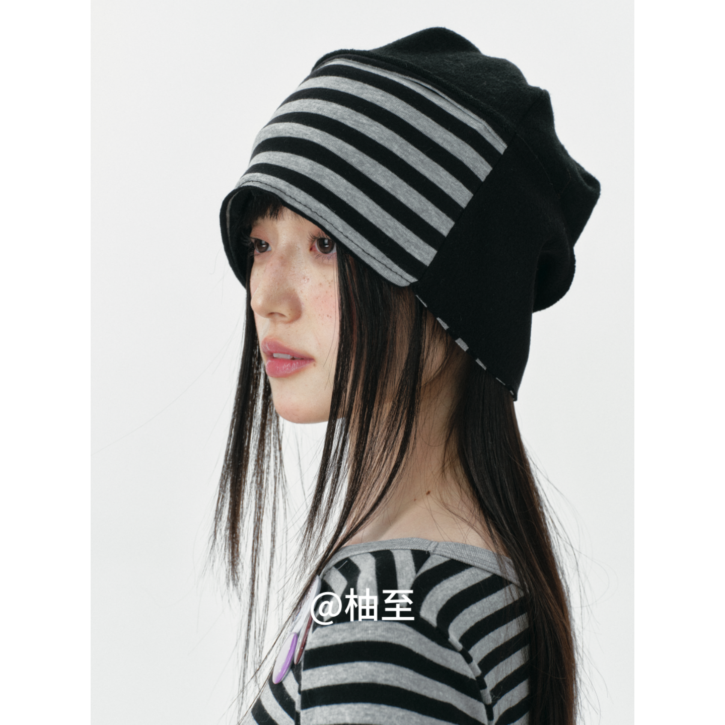 时髦条纹拼接包头帽子女春秋冬季韩版日系百搭显脸小堆堆帽冷帽潮
