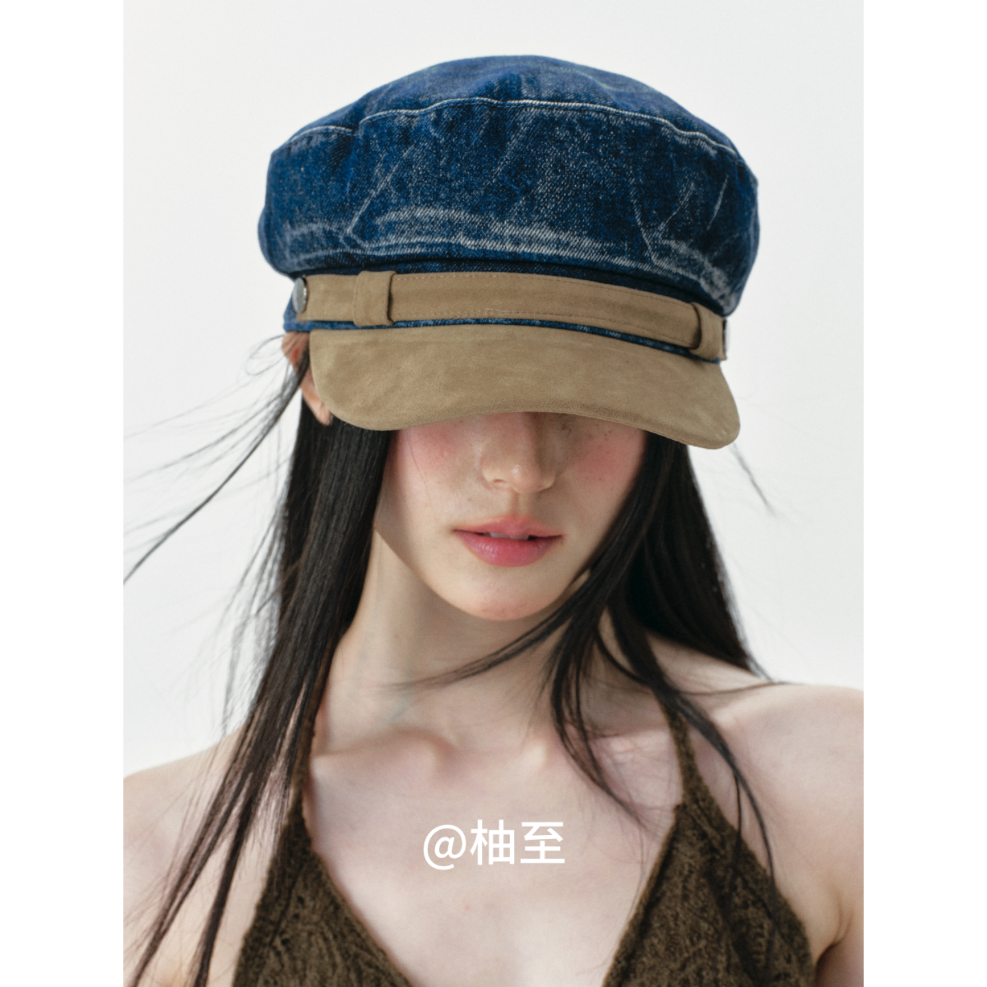 复古牛仔做旧拼色平顶鸭舌帽子女春秋冬韩版日系时髦显脸小报童帽