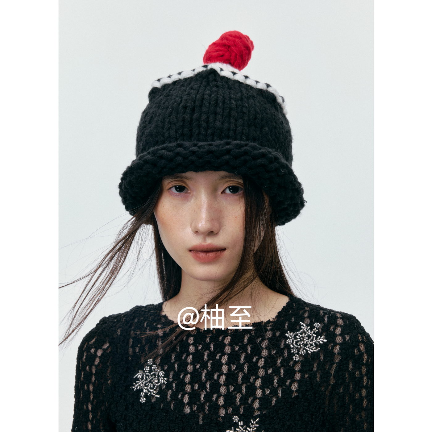 韩系氛围感针织渔夫帽子女秋冬撞色粗毛线帽保暖显脸小卷边冷帽潮