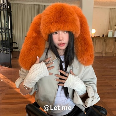 阿里北杯同款推荐款橘色新款原创可爱长耳朵帽子女兔子耳朵毛绒帽