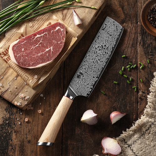 67层大马士革钢V金菜切厨师刀厨房渐薄切肉切菜日式女士配木鞘