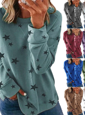 欧美跨境2023秋冬女装 亚马逊wish宽松大码长袖t恤印花卫衣