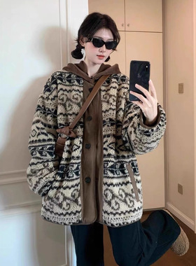 费尔岛印花环保羊羔毛新款秋冬感保暖外套毛毛绒复古慵懒大衣