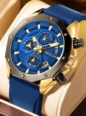 BOZLUN博之轮男士石英手表跨境手表商务硅胶带表多功能日历