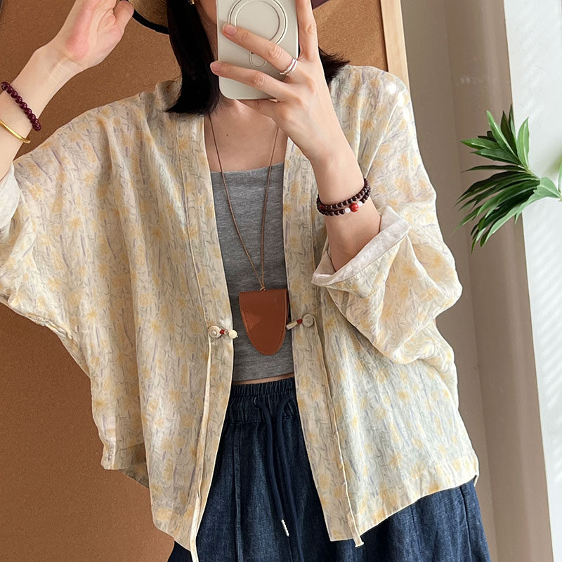 天然防晒！夏季新中式风格印花苎麻小衫透气宽松防晒衬衫女款