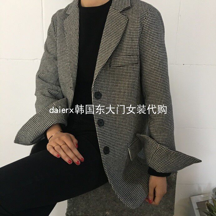 daierx现货韩国东大门初春千鸟格阔型翻领气质三粒扣复古毛呢西装