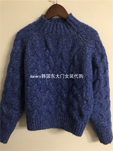 daierx现货韩国东大门冬季女加厚麻花蓝色百搭复古毛衣套头短款潮