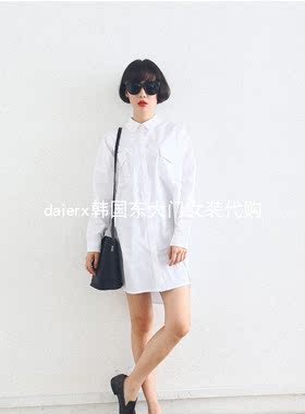 东大门口袋装饰翻领中长款衬衫