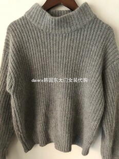 daierx现货韩国东大门冬季灰色兔毛针织大领子时尚短款毛衣