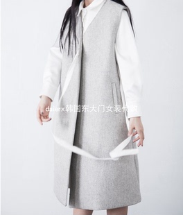 daierx现货韩国东大门简约复古日式系带中长款加厚毛呢马甲外套女