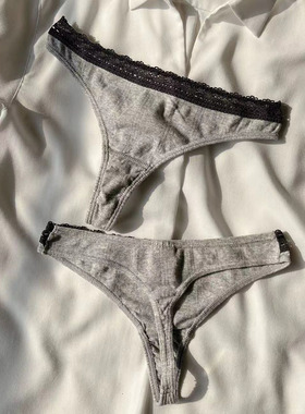 运动丁字裤女日常穿纯棉灰色镂空蕾丝花边t裤tback中低腰内裤健身