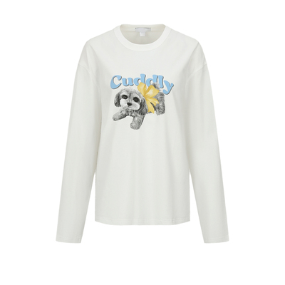 UR&DC2026春季新款粉彩风都市撞色小狗印花白色棉质圆领长袖T恤女