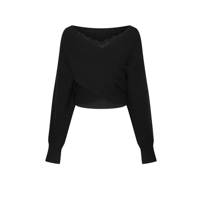 UR&DC2026春季新款设计感气质魅力蕾丝边V领交叉短款针织衫女上衣