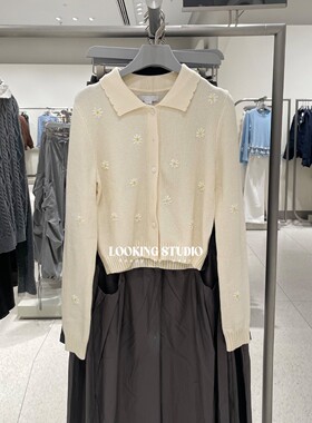 UR&DC2025秋季新款甜美风多巴胺花朵提花翻领长袖针织开衫女上衣