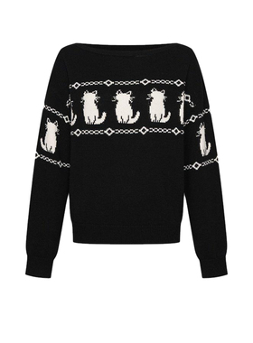 UR&DC2026春季新款甜美休闲萌宠猫咪提花一字领套头长袖针织衫女