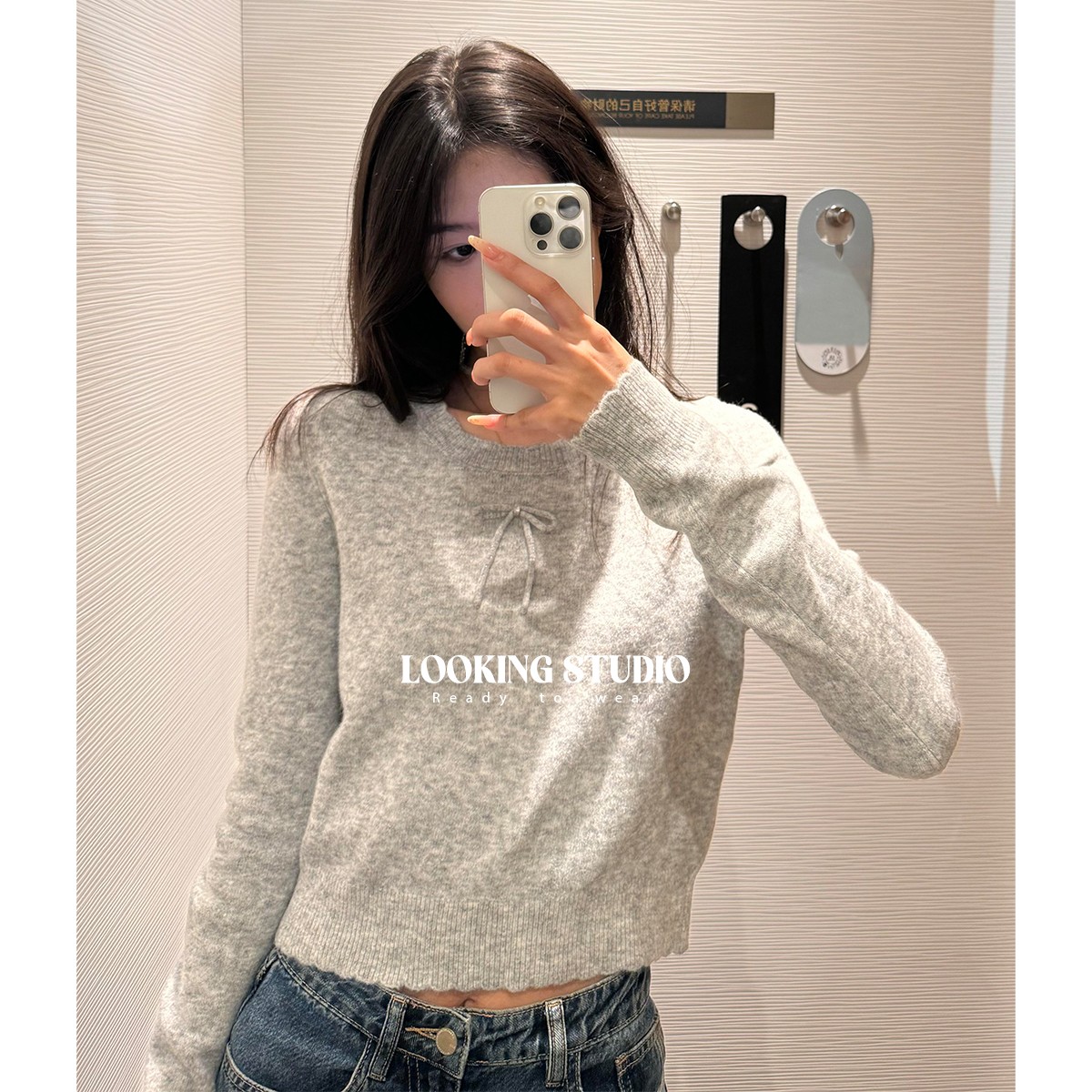 UR&DC2024秋季法式简约格雷系蝴蝶结花边长袖针织衫女蓝色短上衣