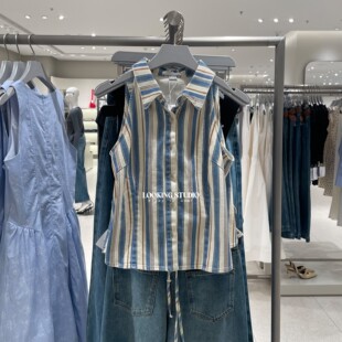 女短款 UR&DC2026春季 上衣 衬衫 撞色条纹挂脖棉质系带无袖 新款 个性