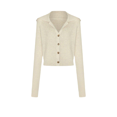 UR&DC2026春季新款灰色毛衣金属扣修身长袖针织衫女翻领短款上衣