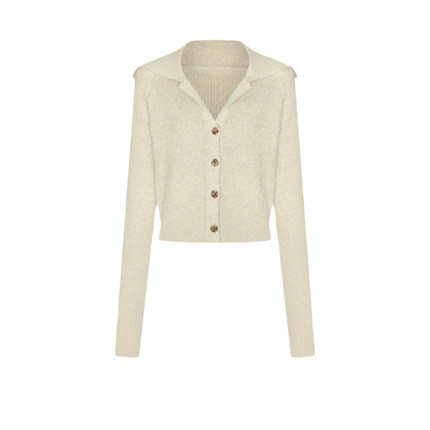 UR&DC2025秋季新款灰色毛衣金属扣修身长袖针织衫女翻领短款上衣