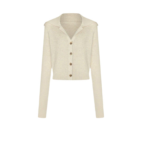 UR&DC2025秋季新款灰色毛衣金属扣修身长袖针织衫女翻领短款上衣