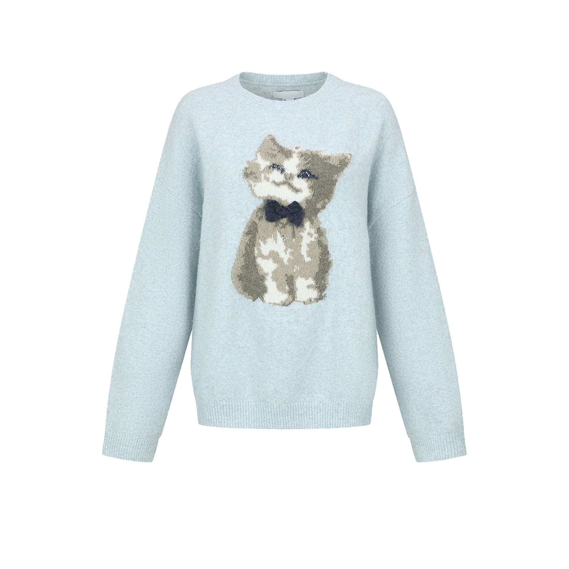 UR&DC2025秋季新款俏皮甜美风萌宠猫咪提花圆领套头长袖针织衫女