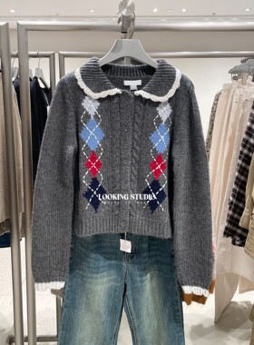 UR&DC2026春季新款法式都市学院风撞色菱格纹提花翻领针织开衫女