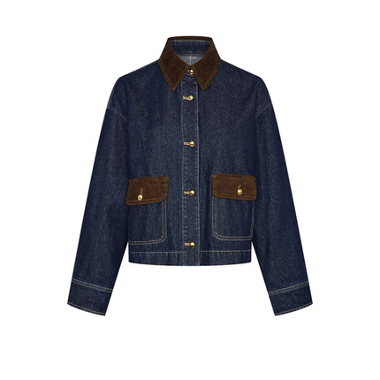 UR&DC2024秋季新款休闲复古时髦撞色拼接洗水翻领短款牛仔外套女