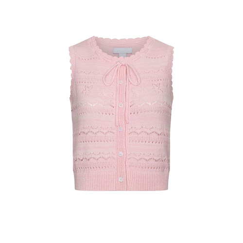 UR&DC2026春季新款休闲镂空钩花系带无袖马甲针织开衫女短款上衣