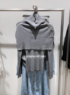 UR&DC2025秋季新款气质设计感真两件套披肩金属纽扣长袖针织衫女