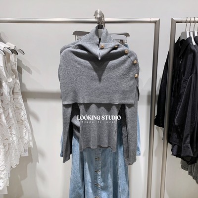 UR&DC2025秋季新款气质设计感真两件套披肩金属纽扣长袖针织衫女