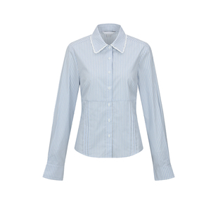 UR&DC2026春季新款甜美都市花边条纹系带修身开襟长袖衬衫女上衣