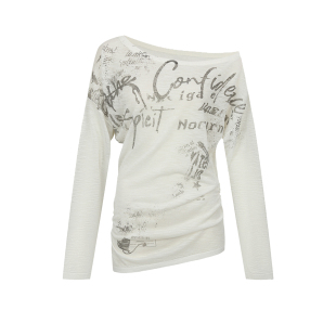 针织衫 UR&DC2026春季 长袖 潮流做旧字母印花褶皱斜肩领薄款 女 新款