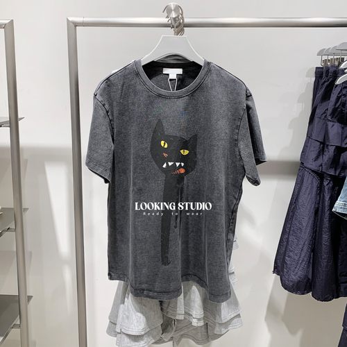 UR&DC2025夏季新款可露丽潮流做旧感撞色印花纯棉圆领短袖T恤女