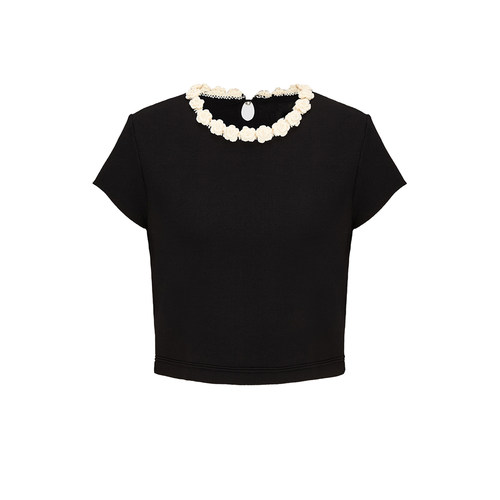 UR&DC2025夏季新款法式气质高级感花朵装饰短袖针织衫女短款上衣