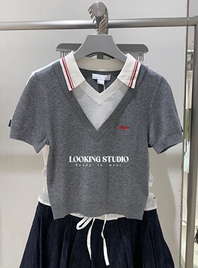 UR&DC2025夏季新款撞色拼接假两件字母刺绣短袖针织衫女短款上衣