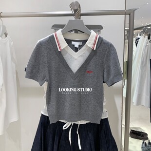 UR&DC2025夏季新款撞色拼接假两件字母刺绣短袖针织衫女短款上衣