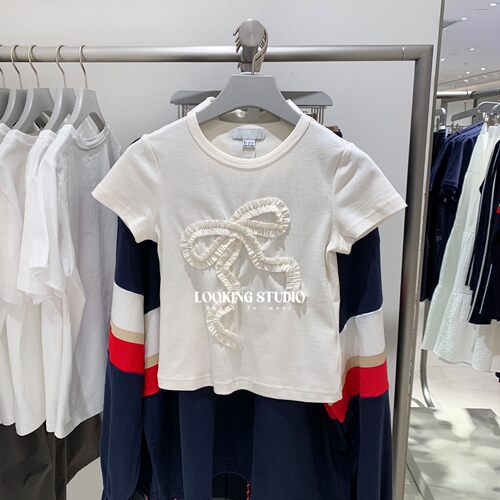 UR&DC2025秋季新款设计感立体蝴蝶结装饰短款修身短袖白T恤女上衣