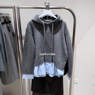 UR&DC2026春季新款休闲日常撞色拼接假两件连帽抽绳长袖针织衫女