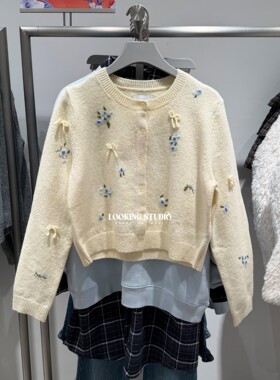 UR&DC2026春季新款法式甜美休闲花卉刺绣短款长袖针织开衫女上衣